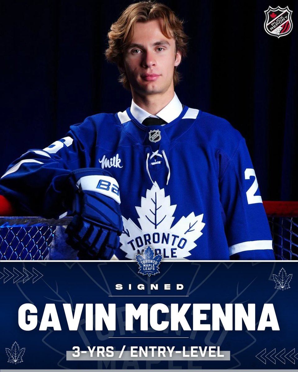 PuckReportNHL's tweet photo. NEWS: The Maple Leafs have signed forward Gavin McKenna to a three-year, entry-level contract. He was the 1st overall pick of the 2026 NHL Draft. #LeafsForever https://t.co/qO2wx5ccDS