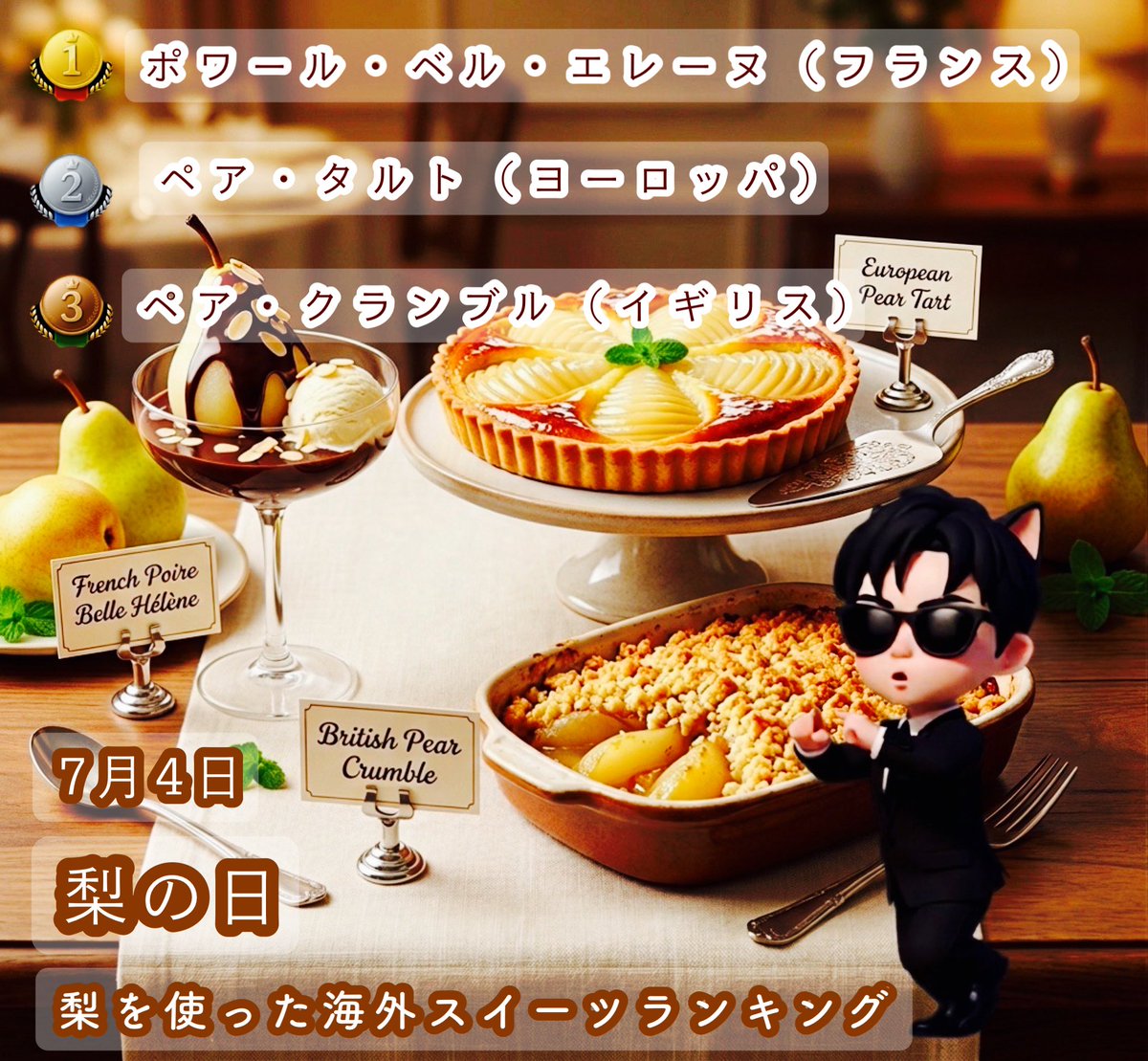 GeqQv's tweet photo. おはようございます😊
7月4日は梨の日

洋梨を使うスイーツにしました。
日本で洋梨と言えばラ・フランスが有名です。
The  Franceという意味です。

1864年ごろにフランスで新品種が発見される。
品種名として「La France（ラ・フランス）」と命名される。
明治時代に日本へ苗木が導入される。
日本では元の品種名をそのまま使った。

フランスでラ・フランスが多く作られているかというとそうでもなく、今は中国産大部分を占めるとか。

国内産のラ・フランスを食べよう😊

【梨を使った海外スイーツランキング】

🥇 第1位：
ポワール・ベル・エレーヌ（フランス）
・洋梨＋チョコ＋アイス
・シンプルなのにオサレ
・デザート界の完成形

🥈 第2位：
ペア・タルト（ヨーロッパ）
・洋梨のタルト
・焼くと甘みが増す
・見た目も映える

🥉 第3位：
ペア・クランブル（イギリス）
・洋梨＋サクサク生地
・家庭でも作りやすい
・温かいデザート