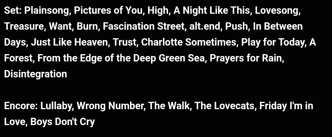 CraigatCoF's tweet photo. Setlist for The Cure at Open'er Festival in Poland tonight.

Show was cut short due to rain and the keyboards not working. https://t.co/avlynoFRQG