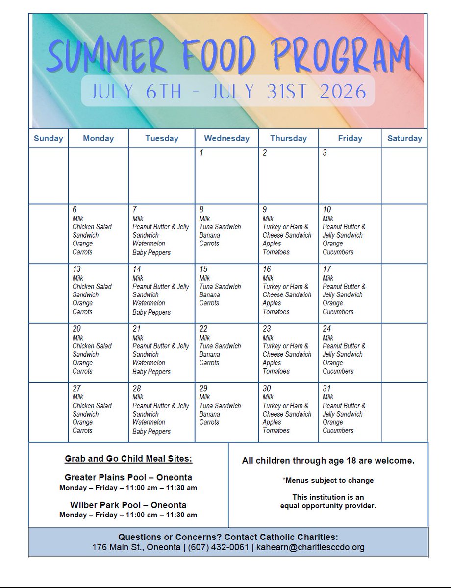 CharitiesDOS's tweet photo. Our Summer Food Service Program starts on 7/6 and goes through 8/14!
* NOTE UPDATED MEAL SERVICE TIME! *
All kids and teens through age 18 can come and grab a lunch to go!
Monday - Friday, 11:00-11:30 am
Two locations:
Greater Plains School @ the pool
Wilber Park Pool https://t.co/PcnsD8qnRT