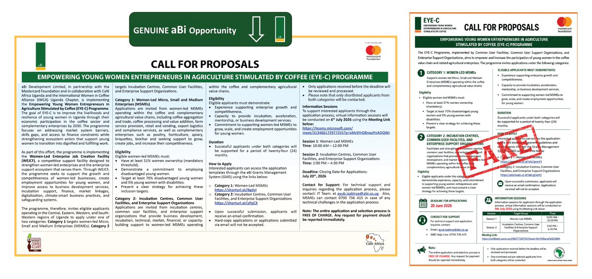 newvisionwire's tweet photo. AD: CALL FOR PROPOSALS

Empowering Young Women Entrepreneurs in Agriculture – Coffee (EYE-C) Programme

aBi Development Limited, in partnership with the Mastercard Foundation and in collaboration with Café Africa Uganda and the International Women in Coffee Alliance (IWCA) Uganda Chapter, is inviting applications.

👩🏽‍🌾 This programme supports young women to grow and succeed in agribusiness, especially coffee.

Need help or have questions?
Contact Team – ayub.isabirye@abi.co.ug

⚠️Important Notice

The application and selection process is completely FREE.

Do NOT pay anyone. Report any payment requests immediately.
@aBi_Finance @MastercardFdn