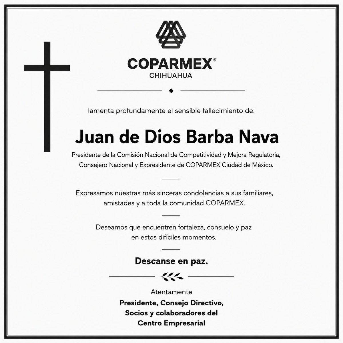 CoparmexCUU's tweet photo. Descanse en paz. https://t.co/XPbT8Jlygd