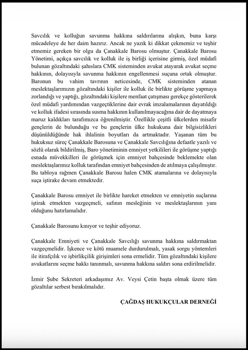 chdgenelmrkz1's tweet photo. ÇANAKKALE C. BAŞSAVCILIĞI VE ÇANAKKALE EMNİYETİ
SUÇ İŞLEMEKTEN,

ÇANAKKALE BAROSU SUÇA ORTAK OLMAKTAN VAZGEÇMELİDİR!

İzmir Şube Sekreteri arkadaşımız Av. Veysi Çetin başta olmak üzere tüm gözaltılar serbest bırakılmalıdır.
 @barolar https://t.co/JtmE5207UA