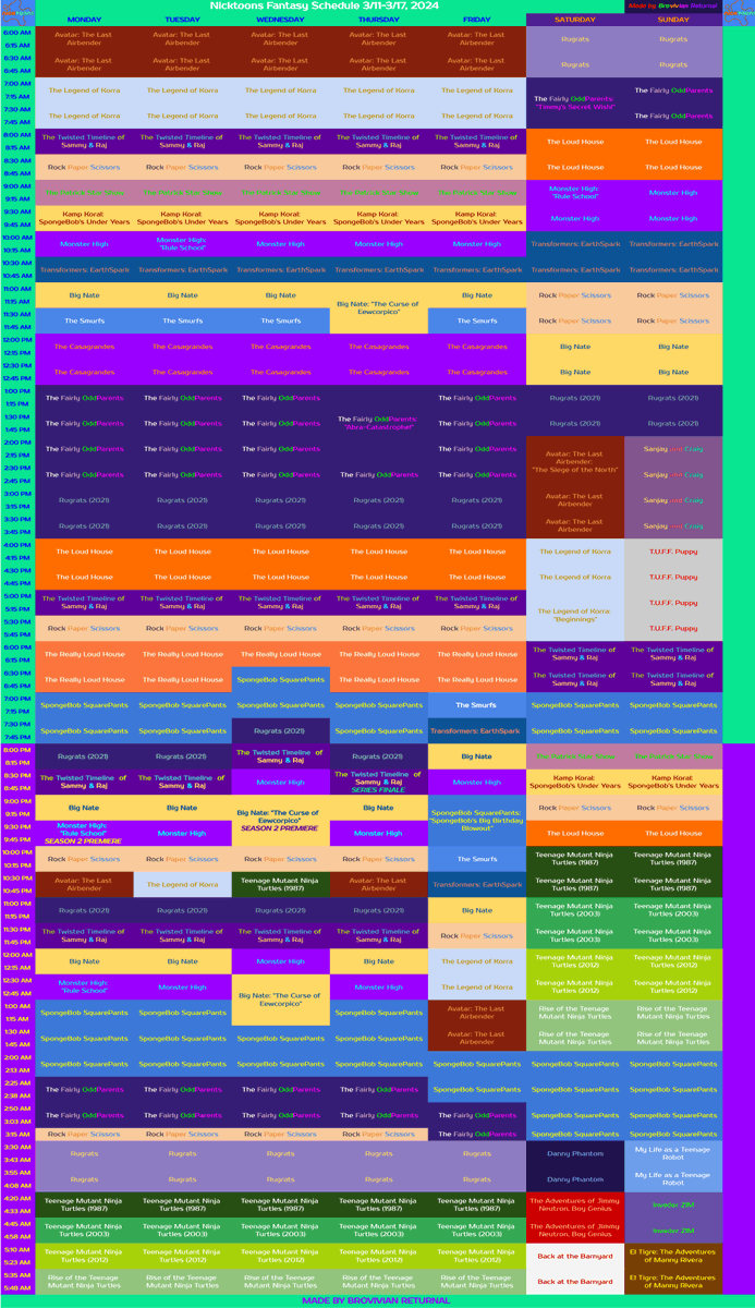 BFBBBroReturns's tweet photo. Nicktoons Fantasy Schedule 3/11-3/17, 2024:

Made a grid of a fantasy schedule I did of Nicktoons a while ago that has a cool variety of shows. Saturday and Sunday 2pm-4pm and 4pm-6pm are rotation marathon slots. 

#nicktoons #fantasyschedules #schedulegrid https://t.co/Ne6tVnstbl