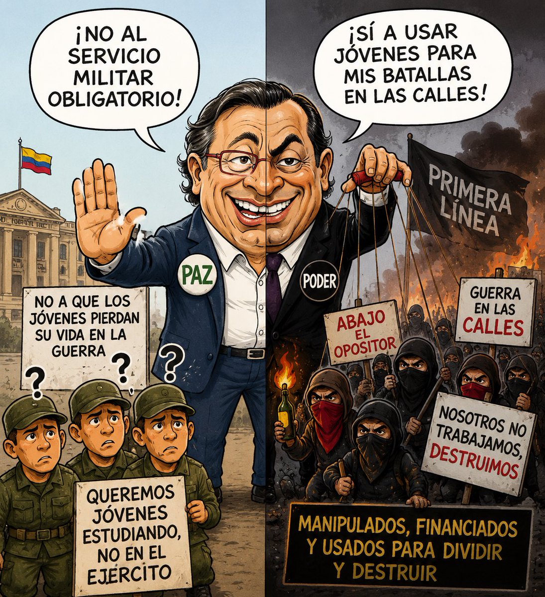VeedorCiudada12's tweet photo. Respetada Senadora.

Olvida usted que en Colombia el servicio militar sigue siendo obligatorio, instituido como un deber constitucional para los varones entre los 18 y 24 años, con posibilidad de exoneración en los casos previstos por la ley ❓❓

Olvida usted que el artículo 216 de la Constitución Política establece:

“todos los colombianos están obligados a tomar las armas cuando las necesidades públicas lo exijan para defender la independencia nacional y las instituciones públicas”.

Esta disposición se erige como el fundamento del deber general de definir la situación militar.  

Aunado a lo anterior, la Ley 1861 de 2017 “por la cual se reglamenta el servicio de reclutamiento, control de reservas y la movilización” desarrolla el contenido del servicio militar obligatorio, precisando que todo varón colombiano DEBE definir su situación militar como reservista de primera o segunda clase desde que alcanza la mayoría de edad y hasta los 50 años, e incorporándose de manera forzosa, salvo que se acredite alguna causal de exoneración prevista en el artículo 12 de dicha ley (condiciones médicas, estado civil y cargas familiares, pertenencia a comunidades indígenas en sus territorios, condición de religioso, entre otras).

NO ❌ desvíe la atención cuando es el @PactoCol el podría estar engañando a jóvenes colombianos 🇨🇴 a librar la lucha en las calles para satisfacer sus intereses políticos mientras ellos dan sus vidas e incluso son condenados a penas privativas de la libertad mientras ustedes disfrutan las mieles del poder.

NO ❌ se acuerdan de los miles de jóvenes de la primera línea que instrumentalizaron y muchos de ellos se encuentran en el olvido en cárceles de Colombia ❓

No sean DESCARADOS