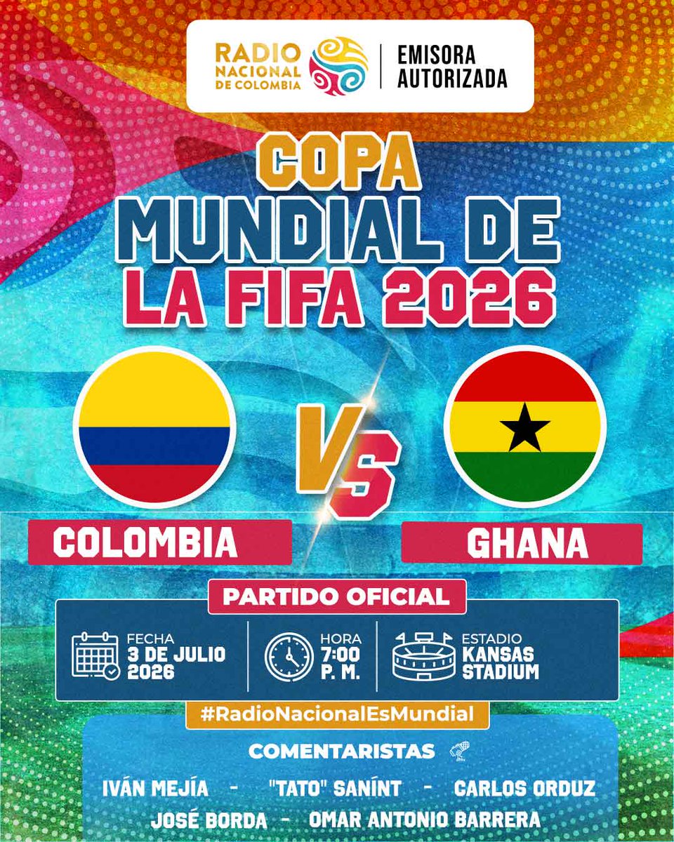 SenalColombia's tweet photo. ¡HOY juega la tricolor! 🇨🇴

Conéctate desde las 7:00 p.m. para disfrutar el encuentro de la Selección Colombia🇨🇴 frente a
 Ghana🇬🇭

Vive este emocionante partido de la Copa Mundial de la FIFA 2026 a través de las 74 frecuencias de @RadNalCo 📻

O en vivo aquí 👉🏻https://t.co/xWgv97ww21