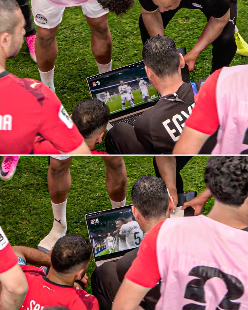ESPNUK's tweet photo. This Egypt coach was showing the squad Real Madrid highlights before their penalty shootout vs. Australia 😂 https://t.co/iVLxiBhByj