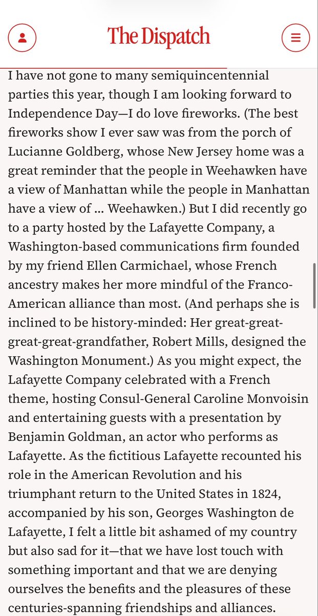 ellencarmichael's tweet photo. Very grateful for this write-up from Kevin Williamson in @thedispatch on the Franco-American alliance and @TheLafayetteCo’s fête at Mount Vernon last week. And alongside a Lucianne reference (@JonahDispatch)! https://t.co/zUcyuB0D3w