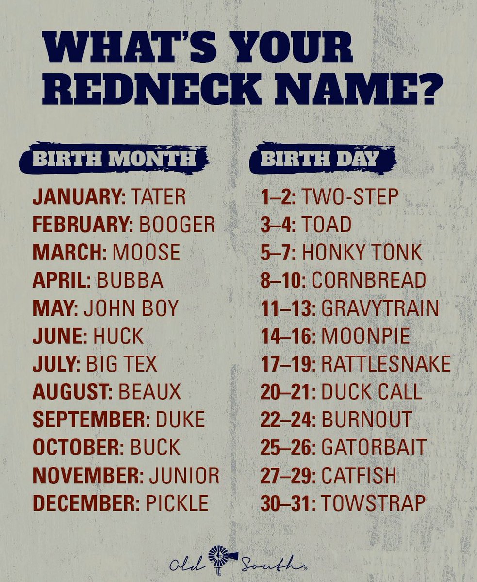 conquertheno's tweet photo. What's your redneck name?' https://t.co/Nq9YzqNUms