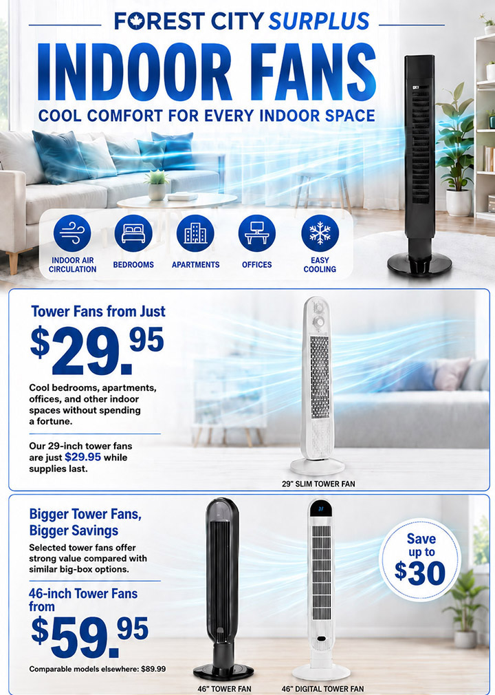 FCSurplus's tweet photo. #ldnont Get a cooling breeze with a tower fan.  Models start at just $29.95.  46 inch models only $59.95.  
https://t.co/1htqK9ybMR
#towerfan https://t.co/jj6yGGtGaV