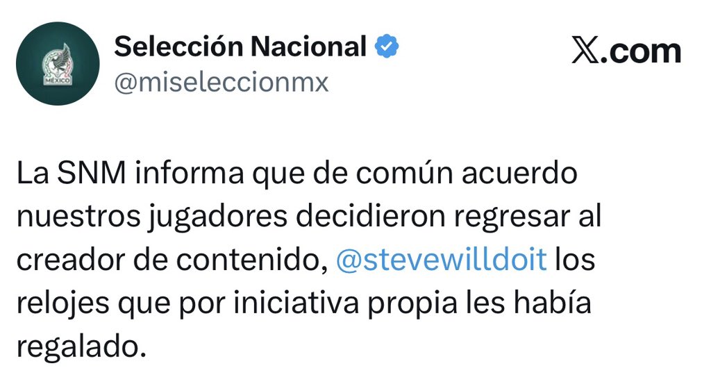 azucenau's tweet photo. 🟢La Selección Mexicana informa que los relojes que les obsequió el influencer Steve Will Do It serán devueltos por común acuerdo. 

El youtuber habría hecho el presente como agradecimiento por hacerle ganar una buena cantidad de dinero al apostar con el triunfo de los mexicanos. https://t.co/Q5NyrrtlPm