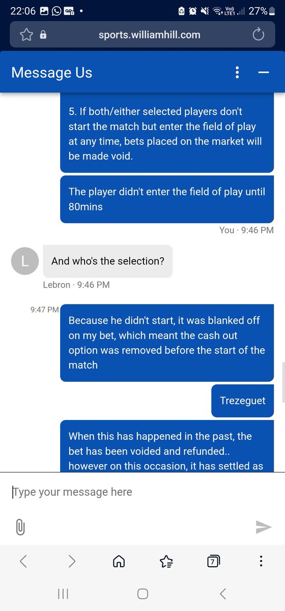 That_6foot_10's tweet photo. @WilliamHill Explain this please? Rule 5 clearly states that if the player doesn't start, the bet is voided. However your customer services agent, seems to have a different attitude? Not only was his typing abysmal, his attitude also stunk! Reach out please! https://t.co/0EZeuZD3Z1