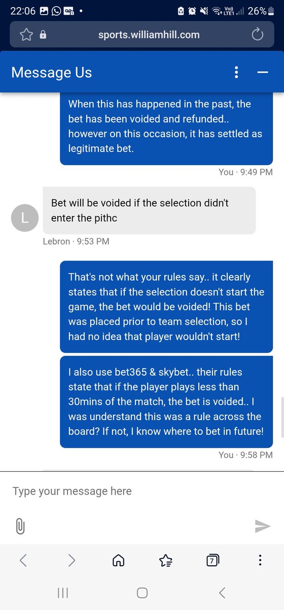 That_6foot_10's tweet photo. @WilliamHill Explain this please? Rule 5 clearly states that if the player doesn't start, the bet is voided. However your customer services agent, seems to have a different attitude? Not only was his typing abysmal, his attitude also stunk! Reach out please! https://t.co/0EZeuZD3Z1
