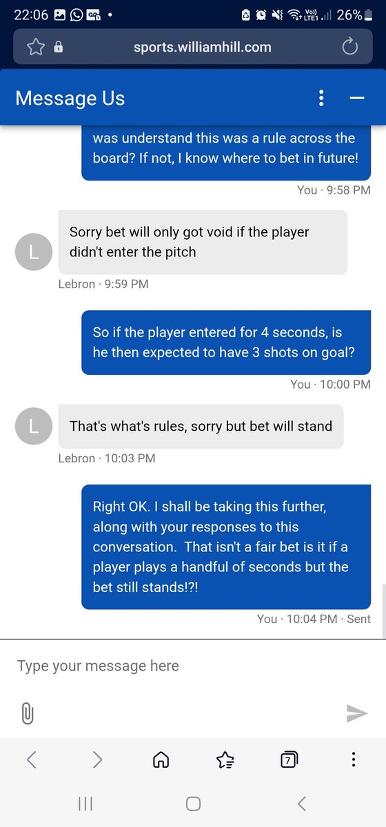 That_6foot_10's tweet photo. @WilliamHill Explain this please? Rule 5 clearly states that if the player doesn't start, the bet is voided. However your customer services agent, seems to have a different attitude? Not only was his typing abysmal, his attitude also stunk! Reach out please! https://t.co/0EZeuZD3Z1