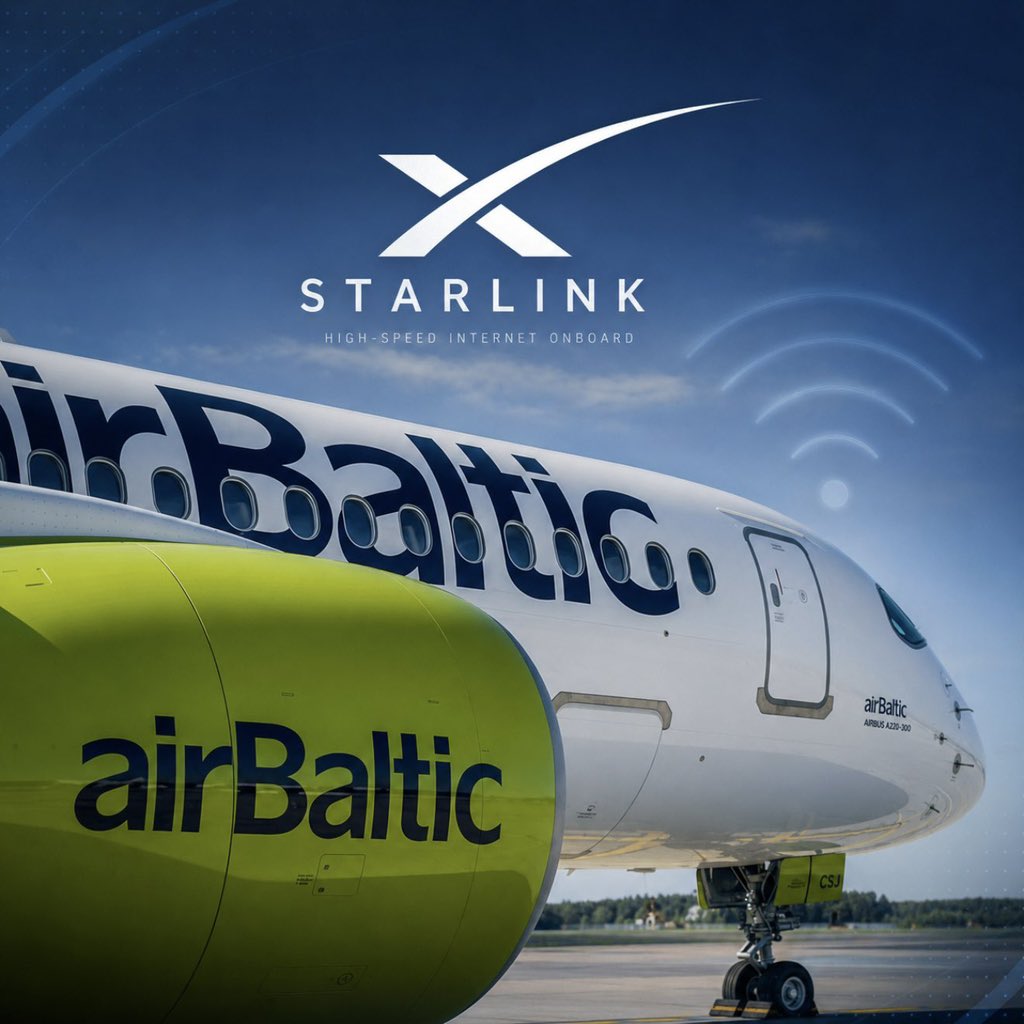 ElonMuskInerl's tweet photo. BREAKING: airBaltic expands its Starlink-equipped A220 fleet.

• First European airline with free Starlink Wi-Fi
• Fleet now: 55 A220-300s
• World’s largest A220-300 operator
• Starlink installed across its entire A220 fleet
• 5th Airbus A220-300 delivered in 2026 https://t.co/TKThy80bbz