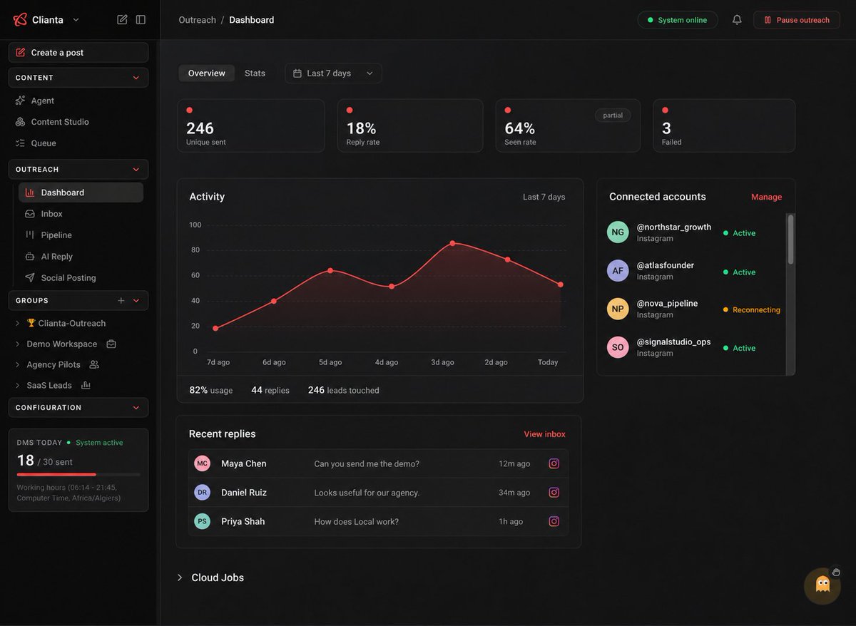 cliantaai's tweet photo. instagram outreach gets messy once you manage more than one account.

clianta gives teams:
- one inbox for replies
- one dashboard for activity
- one workflow for follow-up

free trial is open.
dm “trial”. https://t.co/zX2ky5jAni