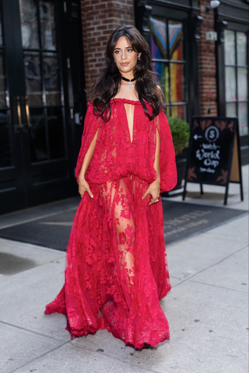 extratv's tweet photo. Camila Cabello is on the way! ❤️ She was seen leaving West Village heading to Madison Square Garden for Taylor Swift and Travis Kelce’s wedding. 

(📸: Getty Images) https://t.co/EYjeKeyk2C