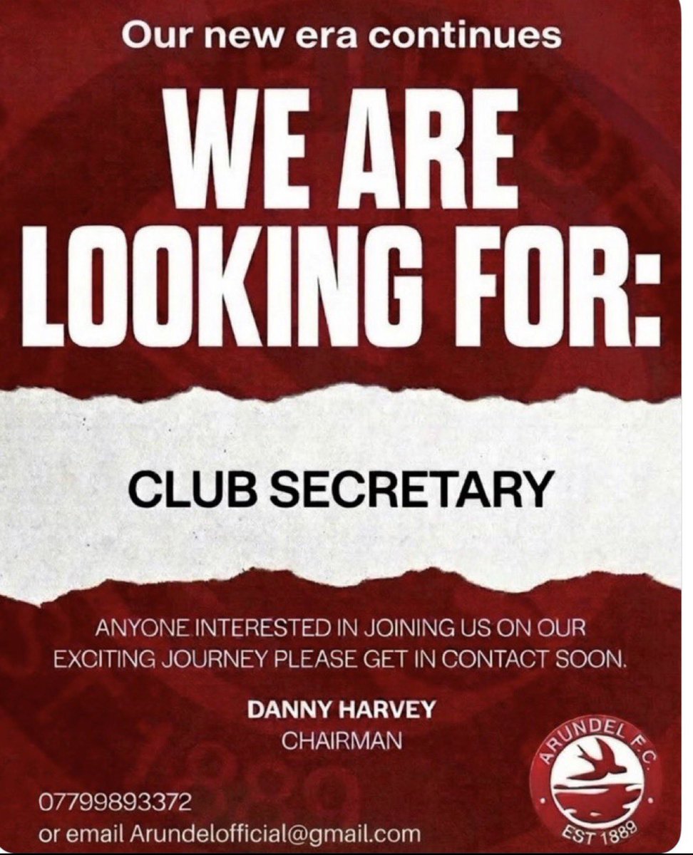 ArundelOfficial's tweet photo. Club Announcement ⚽️ - We are on the look out for a new club secretary. If you could be interested in finding out more about the role and the opportunity to work with a large lovely group of volunteers, then please contact our Chairman Dan Harvey. More info below 👇 🔴⚫️ https://t.co/ZqPbOTqrRD