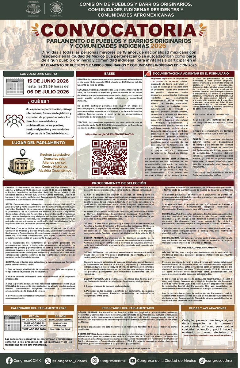 Distrito16IECM's tweet photo. 📢¡Participa en el Parlamento de Pueblos y Barrios Originarios y Comunidades Indígenas 2026!
🗓️Registro abierto hasta el 6 de julio para personas mayores de 18 años, residentes en la CDMX, que pertenezcan o se autoadscriban a un pueblo, barrio originario o comunidad indígena. https://t.co/RIAOP0b2Q6