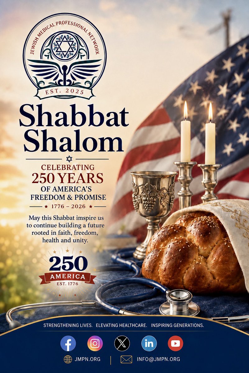 TheJMPN's tweet photo. 🇺🇸✡️ Shabbat Shalom from the JMPN! 🕯️

As America celebrates 250 years of freedom &amp; promise, we reflect with gratitude on faith, freedom, health, service and unity. May this Shabbat inspire a stronger, healthier and more compassionate future. 💙🇺🇸
Shabbat Shalom &amp; Happy 250th! https://t.co/lXuMHe9MYR