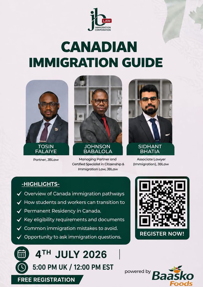 jblawpro's tweet photo. Are you in Canada and trying to secure your Permanent Residency?
Or outside Canada and planning to relocate to Canada?

��� Date: Saturday , July 4
⏰ Time:12PM EST / 5PM UK
Register here : https://t.co/Fuya4sdDym https://t.co/lJ2Df607T0