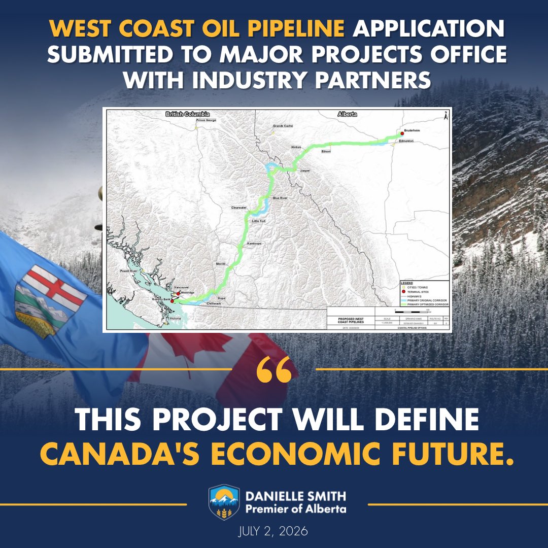Richard4Alberta's tweet photo. Canada needs the infrastructure to get our energy resources to market.

That’s why Alberta has submitted a responsible, world-class proposal for a new oil pipeline to the West Coast.

It will connect Alberta’s energy resources to Asian markets, like Japan, Korea, and India. https://t.co/BJYd9Xirqt