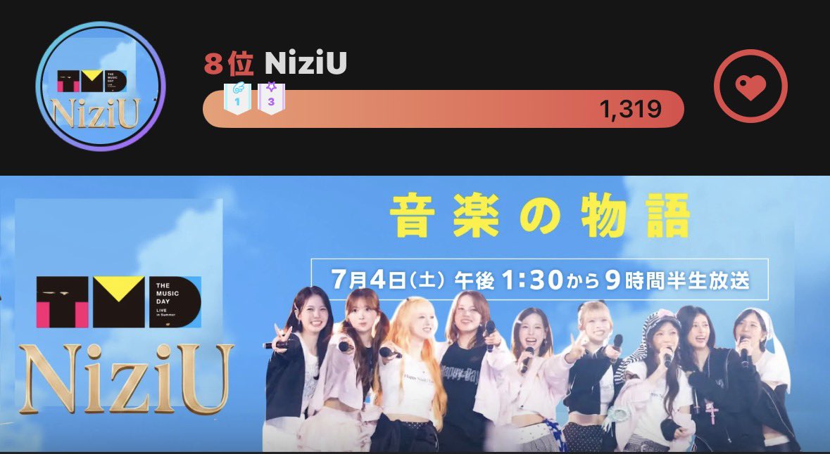 TeamNizi's tweet photo. 7.4(土)
NiziUデビュー日まで
あと1️⃣5️⃣1️⃣

🌈お祭り4日目🌈
THE MUSIC DAY 2026(19時台と20時台)
リスニングパーティー(Stationhead)

毎日1,000♥️貯めると151,000♥️に🌈✨️
記念日に向けて、一緒に楽しくハート貯金してくださると嬉しいです🫶

#NiziU_Portfolio
#NiziU_FanBanner
Made by JJoさん https://t.co/AaIC5i8N0T
