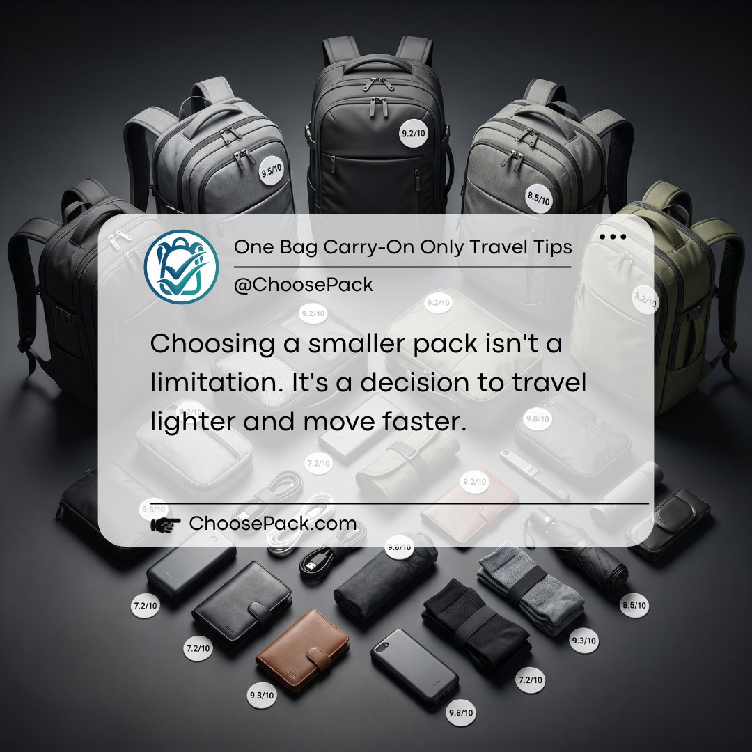 ChoosePack's tweet photo. 🏕️ One-Bag Wisdom​
​
"Choosing a smaller pack isn't a limitation. It's a decision to travel lighter and move faster."​
​
Find your pack: https://t.co/M4XsLlSKRm​
​
#OneBag #CarryOnOnly #ChoosePack https://t.co/noPRYJZPNJ