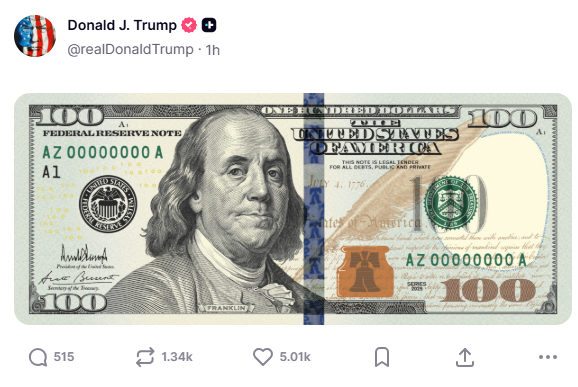 silvertrade's tweet photo. 🎇GOLD BACKED TREASURY BONDS / GOLD REVALUATION IMMINENT⁉️

🔥🔥TRUMP POSTS CRYPTIC IMAGE OF $100 BILL ON EVE OF AMERICA'S 250TH ANNIVERSARY, POTENTIALLY SIGNALLING THAT THE ADMINISTRATION IS PREPARING TO ANNOUNCE SOMETHING TRULY HISTORIC TOMORROW!🔥🔥