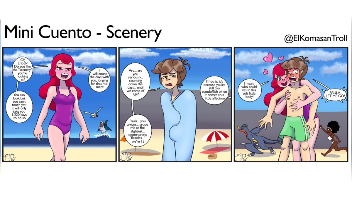 JeremyRengifo2's tweet photo. Mini Cuento - Scenery
Paula suggested spending the day at the beach, with the wicked intention of seeing Eric half-naked
#ocart #webcomic #digitalartwork https://t.co/IjbuWmxOVS