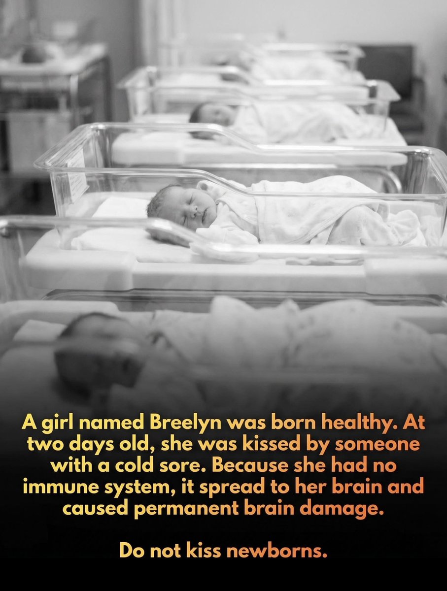 ShiningScience's tweet photo. 🚨 A single kiss can be life-threatening to newborns. 

The story of baby Breelyn serves as a powerful warning about the devastating risks of neonatal herpes.

At just two days old, an infant named Breelyn contracted neonatal herpes simplex virus (HSV-1) after being kissed by an individual with an active cold sore.

 Because her newborn immune system was not yet developed, the virus rapidly evolved into HSV encephalitis, a severe infection that directly attacked her brain. This tragic encounter resulted in permanent damage to approximately 60% of the left side of her brain and 10% of the right, leading to chronic seizures and significant long-term developmental challenges.

Despite the grim initial prognosis, Breelyn has shown remarkable resilience, learning to use a walker and communicating through smiles.

 However, her family continues to share her journey as a critical warning to the public: neonatal herpes is life-threatening for infants under four weeks old. While rare, the virus can lead to organ failure, neurological devastation, or death. Their message is clear: individuals with cold sores must never kiss a baby, as a simple gesture of affection can lead to a lifetime of medical struggles.

source: American Academy of Pediatrics. (2021). Neonatal Herpes Simplex Virus Infections. Red Book: Report of the Committee on Infectious Diseases.