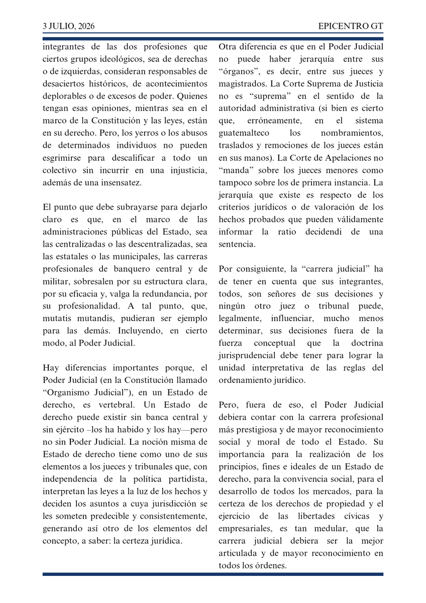 EpicentroGuate's tweet photo. #OpiniónEpicentro @Vientomares: El Poder Judicial debiera contar con la carrera profesional más prestigiosa y de mayor reconocimiento social y moral de todo el Estado. https://t.co/t9bEZtimpF