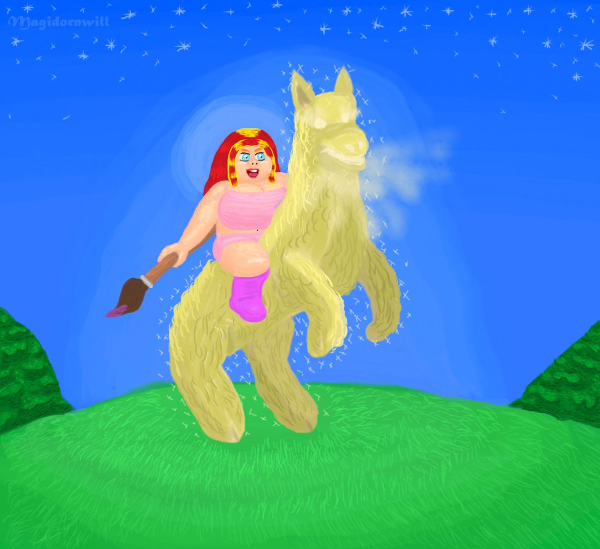 Magidornwill's tweet photo. After reaching Golden Llama-status on DeviantArt earlier this year, I just had to paint Chibi-Valerie riding the Golden Llama ��� https://t.co/FvyvwO0ogV