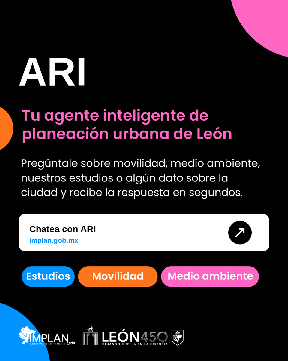 Implan_Leon's tweet photo. 🤖🏙️ ¿Tienes preguntas sobre León? ARI tiene respuestas.

Conoce al agente inteligente (IA) del IMPLAN León, diseñada para ayudarte a descubrir información sobre nuestra ciudad.

🔗 Chatea con ARI en https://t.co/cqdNtmjYAz https://t.co/oD0cSUjzcF