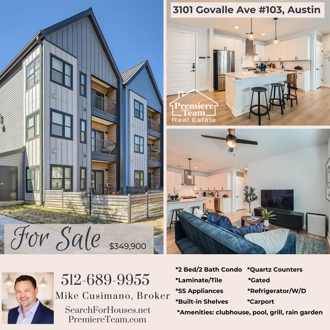 PremiereTeam's tweet photo. #ForSale #Condo #Austin 512-689-9955 #MikeCusimano #PremiereTeamRealEstate *Gated *2 bed/2 bath*Quartz*SS appl*Walk-in shower *Built-in shelving*Amenities: clubhouse/lounge, outdoor grill, pool, rain garden *3 miles from downtown https://t.co/msYqCQaGgo https://t.co/bDq06ToddX https://t.co/X1GRmG7P7u