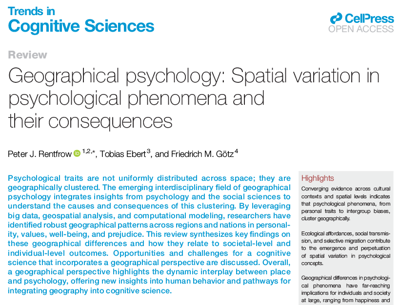 TrendsCognSci's tweet photo. Geographical psychology: Spatial variation in psychological phenomena and their consequences

Review by Peter J. Rentfrow, Tobias Ebert, &amp; Friedrich M. Götz (@FriedrichMGoetz)
https://t.co/3WcrkxkwGm https://t.co/6DpBCc4v6H