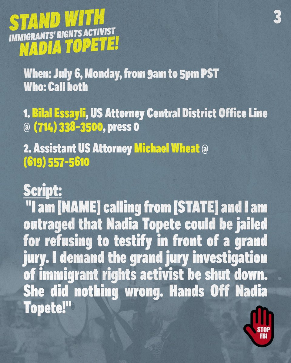 stopfbi's tweet photo. The CSFR condemns the second subpoena of Topete delivered on July 1 and will fight any attempt to jail her.

On Monday July 6, we call upon our supporters to dial the office of Assistant US Attorney Michael Wheat and demand, Hands Off Nadia Topete! @CentroCSO @LegalizeForAll https://t.co/t8SO5NtC1R