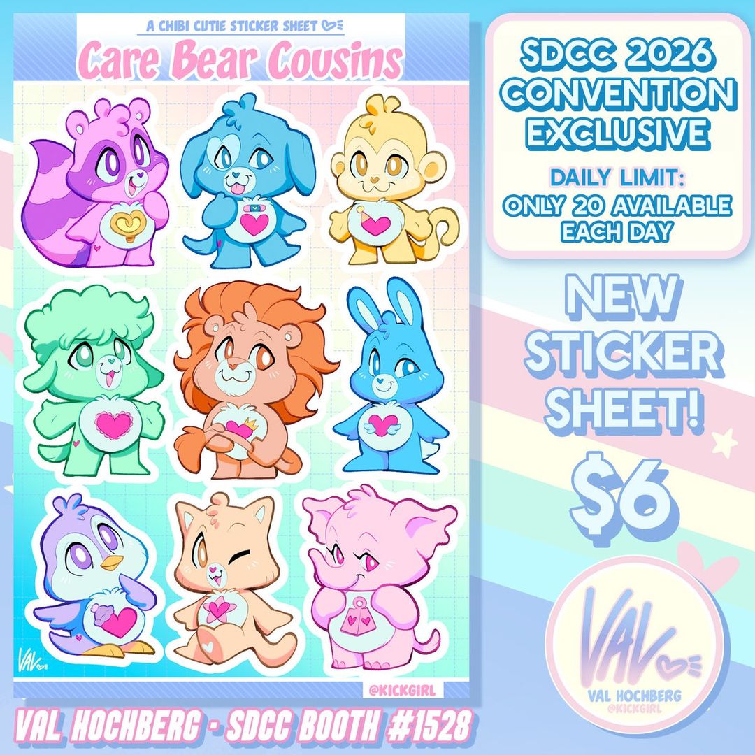 ConLootApp's tweet photo. New SDCC exclusive: Carebear Cousins Sticker Sheet by Val Hochberg — booth 1528 at sdcc 2026 ($6). Available on iOS — @ConLootApp #sdcc2026 #CareBears https://t.co/7qjOT6ahmw