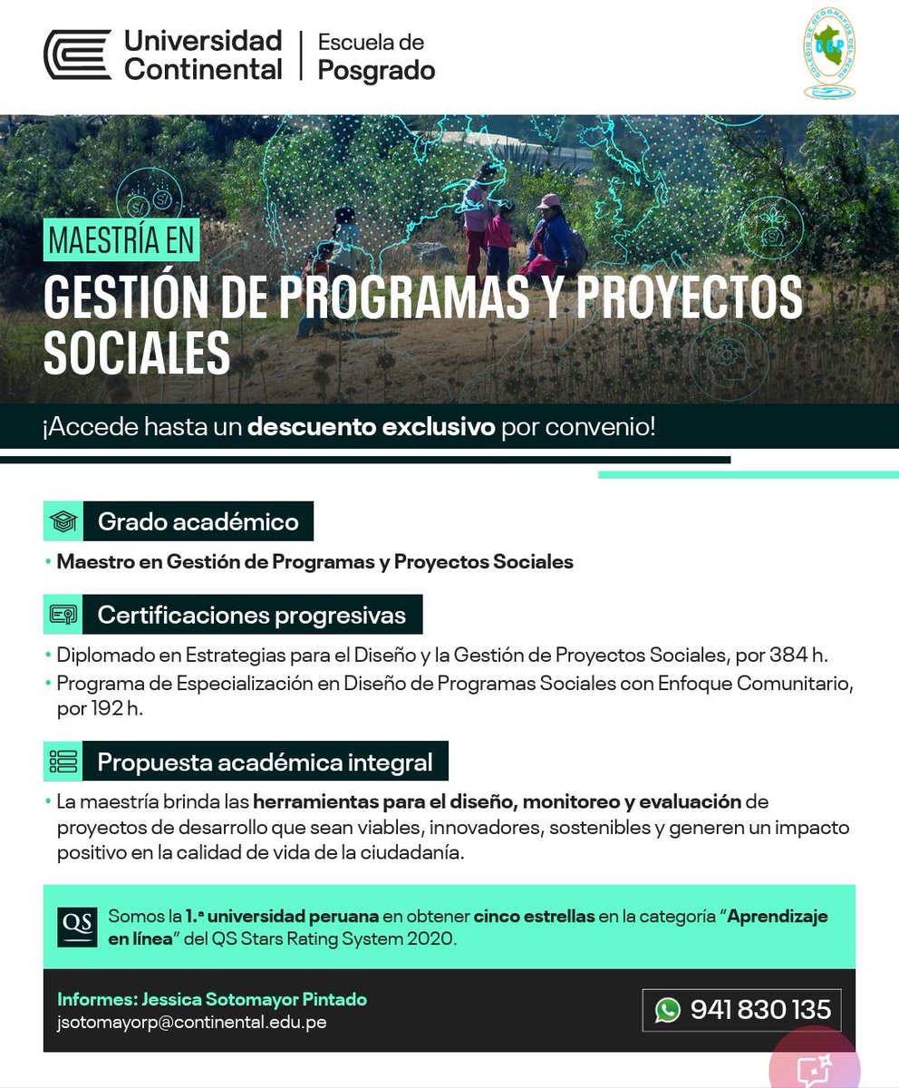 cgp_pe's tweet photo. 📢 Beneficio exclusivo para colegiados del Colegio de Geógrafos del Perú
🎓 Grado académico:
Maestro en Gestión de Programas y Proyectos Sociales.
📲 Informes e inscripciones:
Jessica Sotomayor Pintado
📞 941 830 135
📧 jsotomayorp@continental.edu.p
#UniversidadContinental https://t.co/bmNGUEPUx5