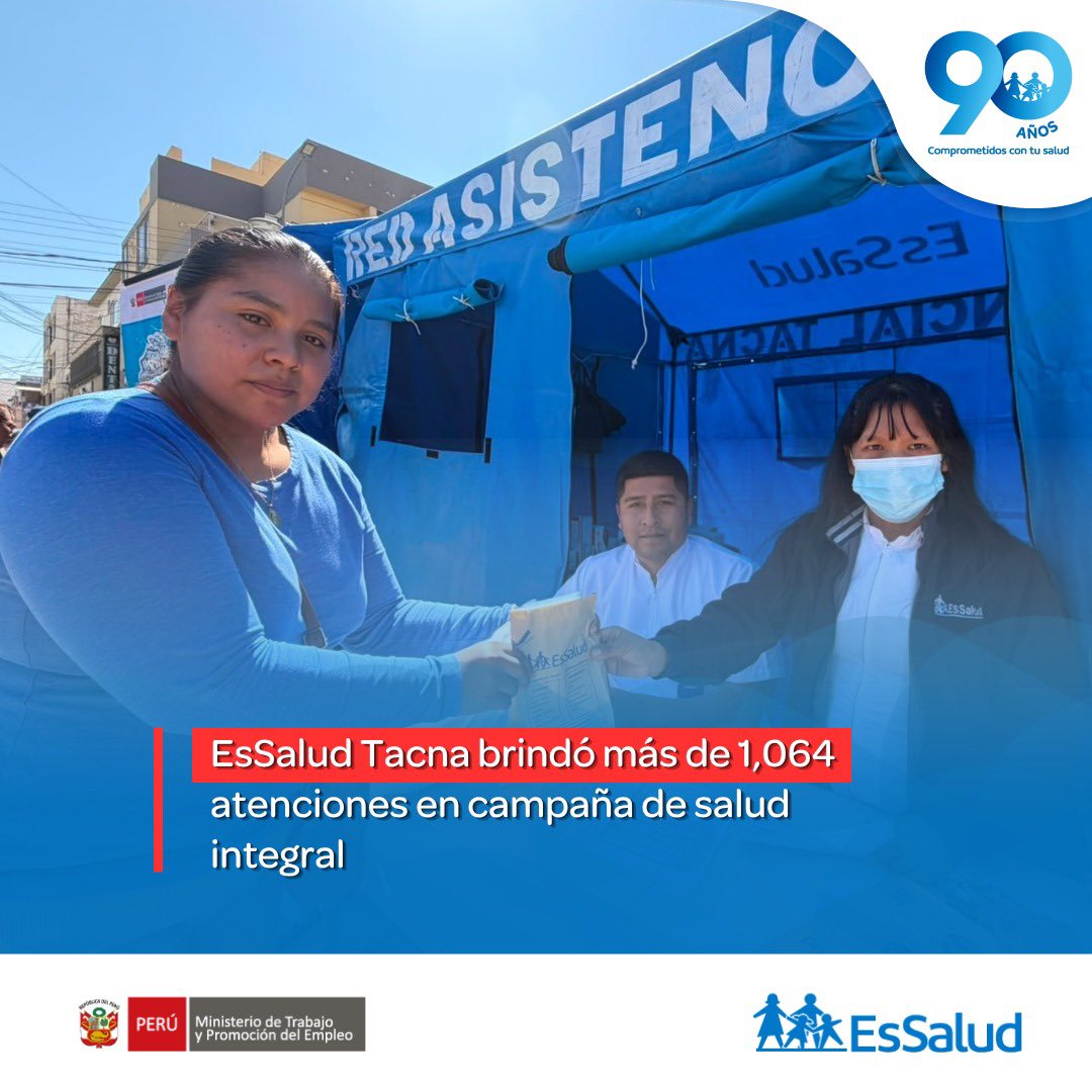 EsSaludPeru's tweet photo. 💙🏥 Acercamos la salud a donde más se necesita.

📍 En Tacna, EsSalud brindó más de 1,064 atenciones durante una campaña integral de salud, acercando consultas médicas 👩‍⚕️👨‍⚕️, servicios preventivos 🩺 y orientación especializada para fortalecer la atención primaria de nuestros asegurados.

✨ A través de la estrategia Preventón, seguimos promoviendo la prevención, la detección temprana de enfermedades y hábitos de vida saludables, llevando atención oportuna y de calidad a más peruanos.

🙌 ¡Más prevención, más acceso y más salud para todos!

📎 Conoce más aquí: https://t.co/s4FbXPS7Uf

#EsSalud #Preventón #Tacna #MásSaludParaMásPeruanos #Prevención #SaludParaTodos