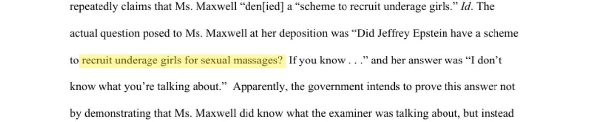 epsteinsearchin's tweet photo. Ghislaine Maxwell was asked under oath: "Did Jeffrey Epstein have a scheme to recruit underage girls for sexual massages?"

Her sworn answer: "I don't know what you're talking about."

The government built a perjury case on that denial. https://t.co/A0m0rSo6l0