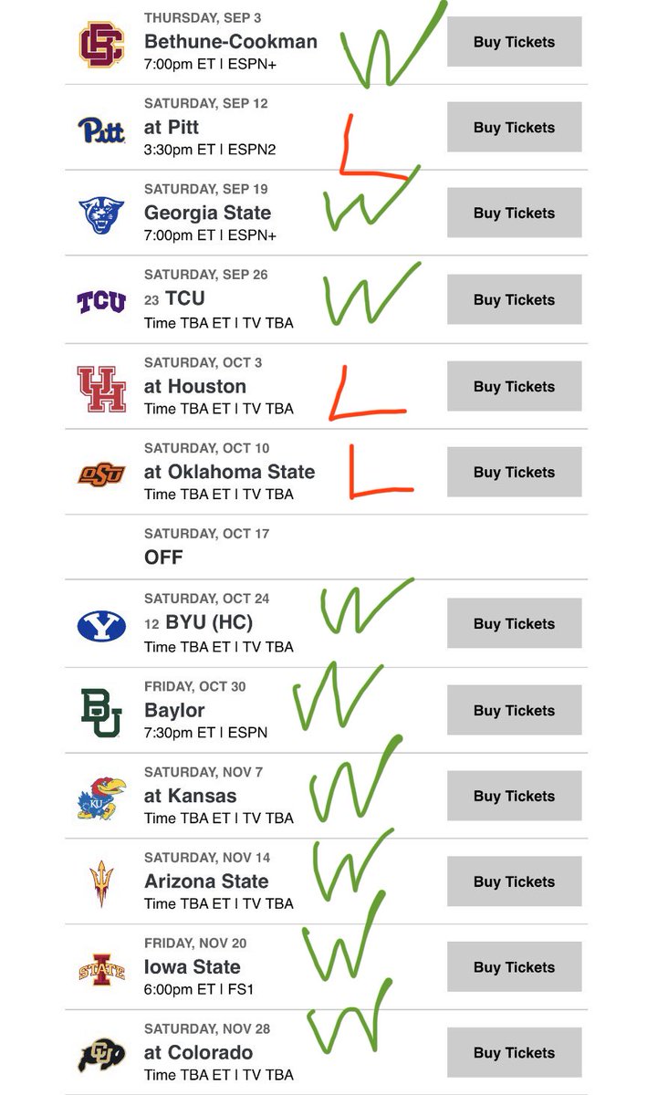 ucfknights69's tweet photo. Schedule prediction time.

Of course, this is best case scenario. This is the Big 12, most of these games are coin flips anyway.

Ask me anything. https://t.co/uhGNJctbqw
