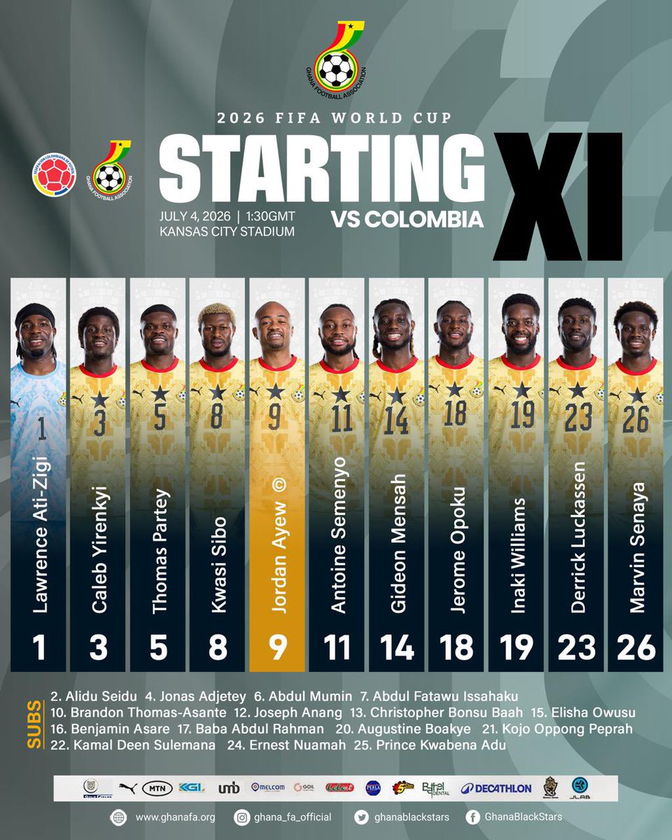 GhanaBlackstars's tweet photo. 👥 𝗧𝗘𝗔𝗠 𝗡𝗘𝗪𝗦 — Here’s how we line up for the Round of 32 clash with Colombia. 💪🏾

🇨🇴 Colombia 🆚 Ghana 🇬🇭

#BlackStars | #FIFAWorldCup https://t.co/4IL165c5Gz
