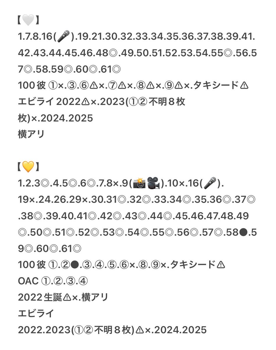 N3Tx6's tweet photo. M!LK キラリ スクラッチ 交換 リスキャン 

譲 : 今弾🩷💙❤️🤍💛 他画像参照

求 : 過去未所持
(⚠︎のMB、×の番号判明分、未所持の一覧、●の無加工も求めております)

画質/番号把握の有無は最初にご提示お願い致します。 https://t.co/918ByBcfHw