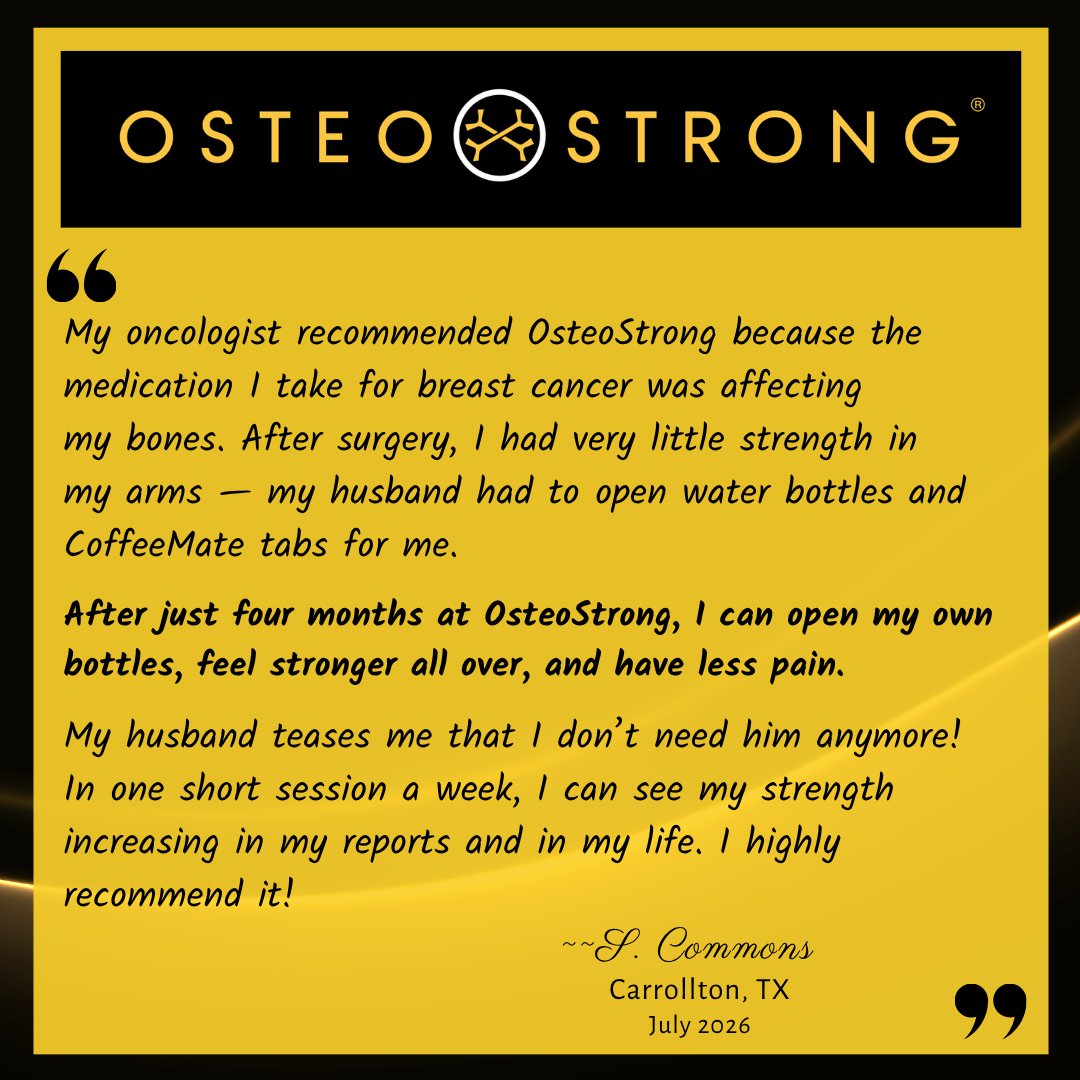 OsteoStrongCarr's tweet photo. OsteoStrong is known for bone health — but the benefits our members notice often show up in everyday life.

Strength. Balance. Confidence. Less pain. More independence.

That’s what living stronger is all about. 💛

#OsteoStrong #BoneHealth #HealthyAging #CarrolltonTX https://t.co/sBZMSN6VNJ