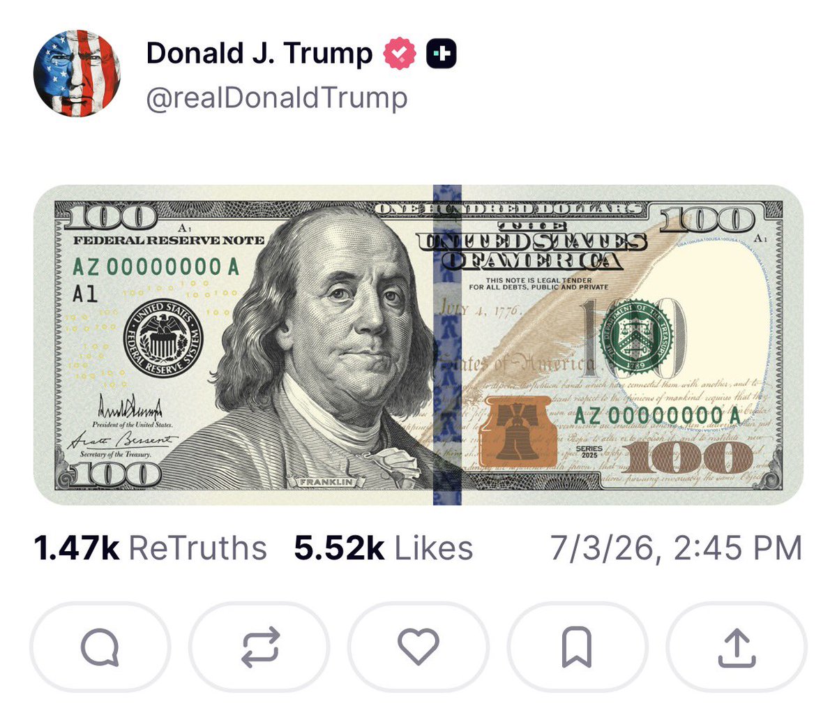 Meltupinfinity's tweet photo. Trump put out a new $100 bill. Look whats on it. https://t.co/XbKX2jvIXX