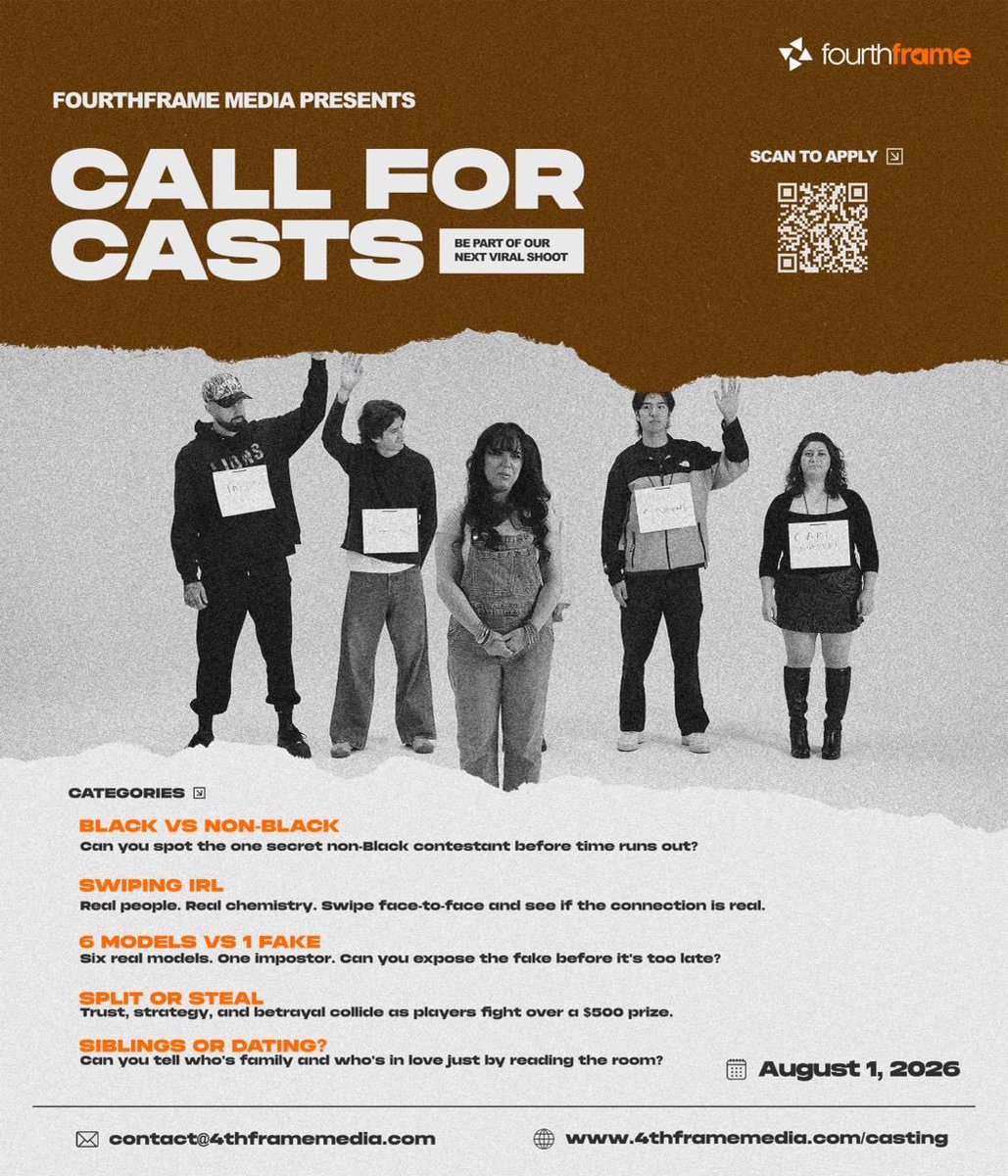 4thframemedia's tweet photo. Ready to be in our next viral production? 

Applications are now open for our upcoming shows. Scan the QR code and secure your spot before it’s too late.

August 1, 2026 https://t.co/p0qlkZnWK1