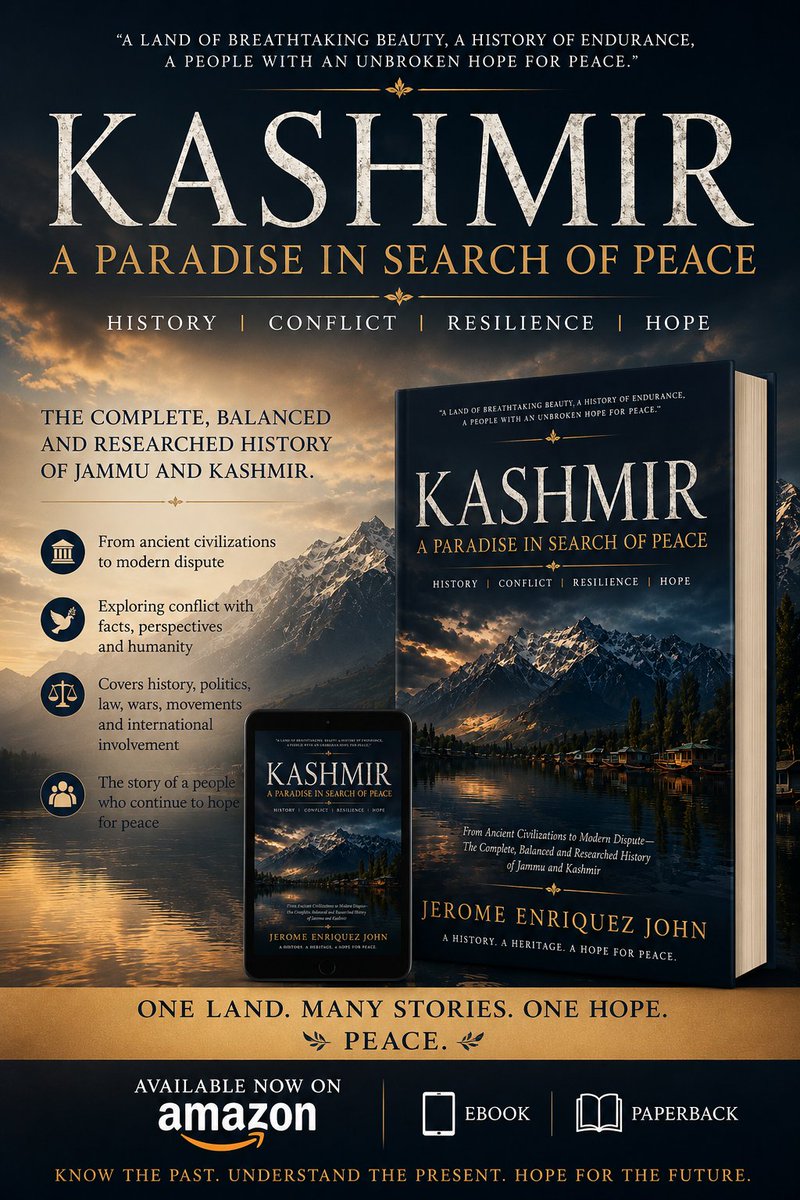 TheJeromeJohn's tweet photo. A paradise. A history. A hope for peace.
Kashmir: A Paradise in Search of Peace is now available on Amazon in eBook and Paperback.
#Kashmir #HistoryBook #Peace #JammuAndKashmir #AmazonBooks #NonFiction #JeromeEnriquezJohn https://t.co/VcfJ6IDDN0