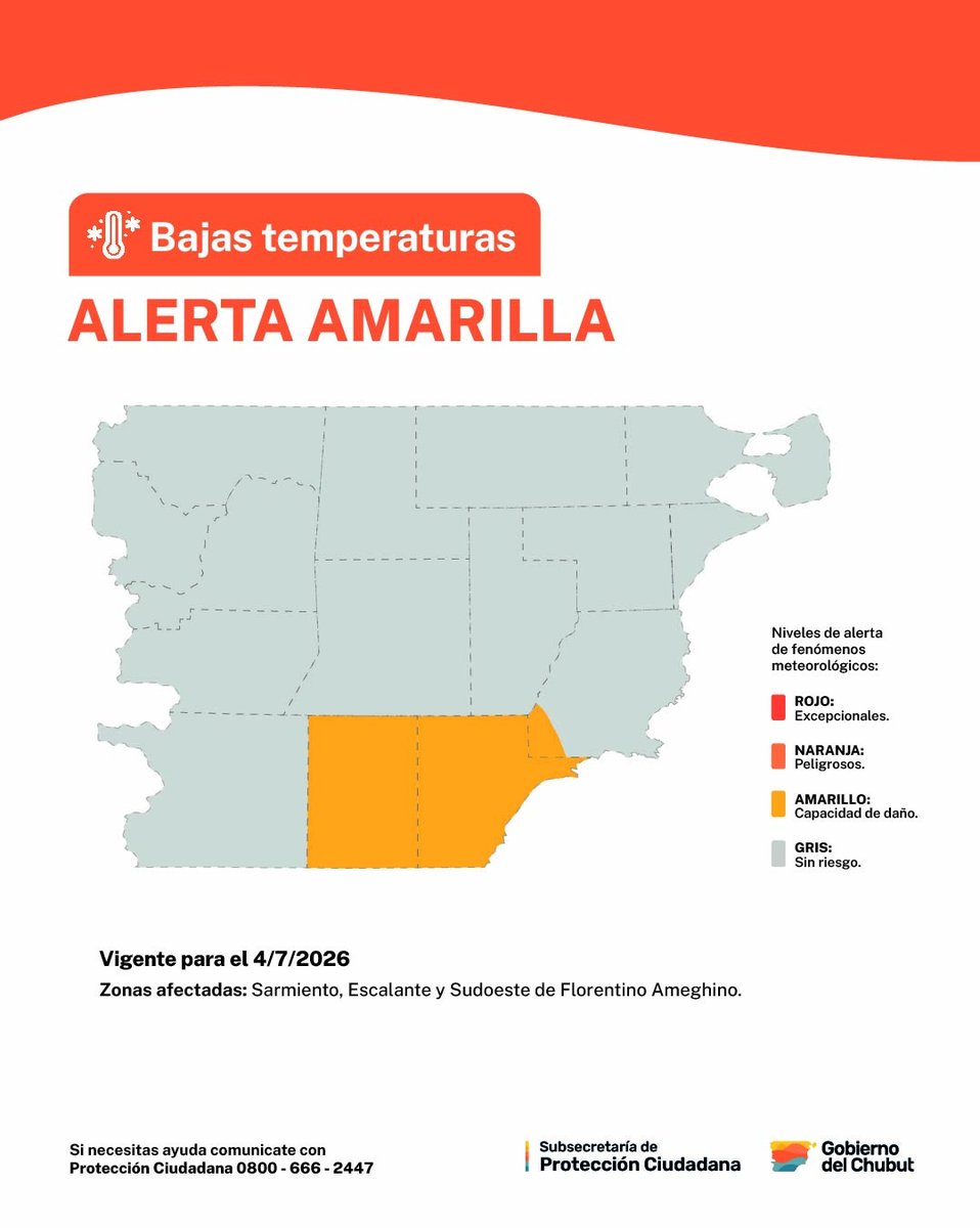 DcChubut's tweet photo. ❗️Alerta amarilla por bajas temperaturas extremas, prevista para el sábado 4 de julio. 

📍Las zonas serán afectadas por temperaturas bajas, las cuales pueden tener un efecto leve a moderado en la salud. 

🔎 Fuente: Servicio Meteorológico Nacional. https://t.co/fs6tHvYEC2