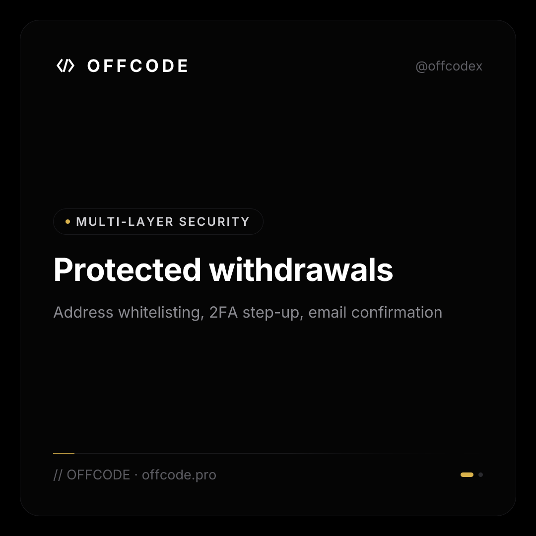 OFFCODEX's tweet photo. Withdraw to your own wallet—protected with address whitelisting, 2FA step-up, and email confirmation. All fees shown upfront: network fee + 0.5% platform fee, $5 minimum.

#SelfCustody #CryptoExchange #OFFCODE https://t.co/LC37W8srR6
